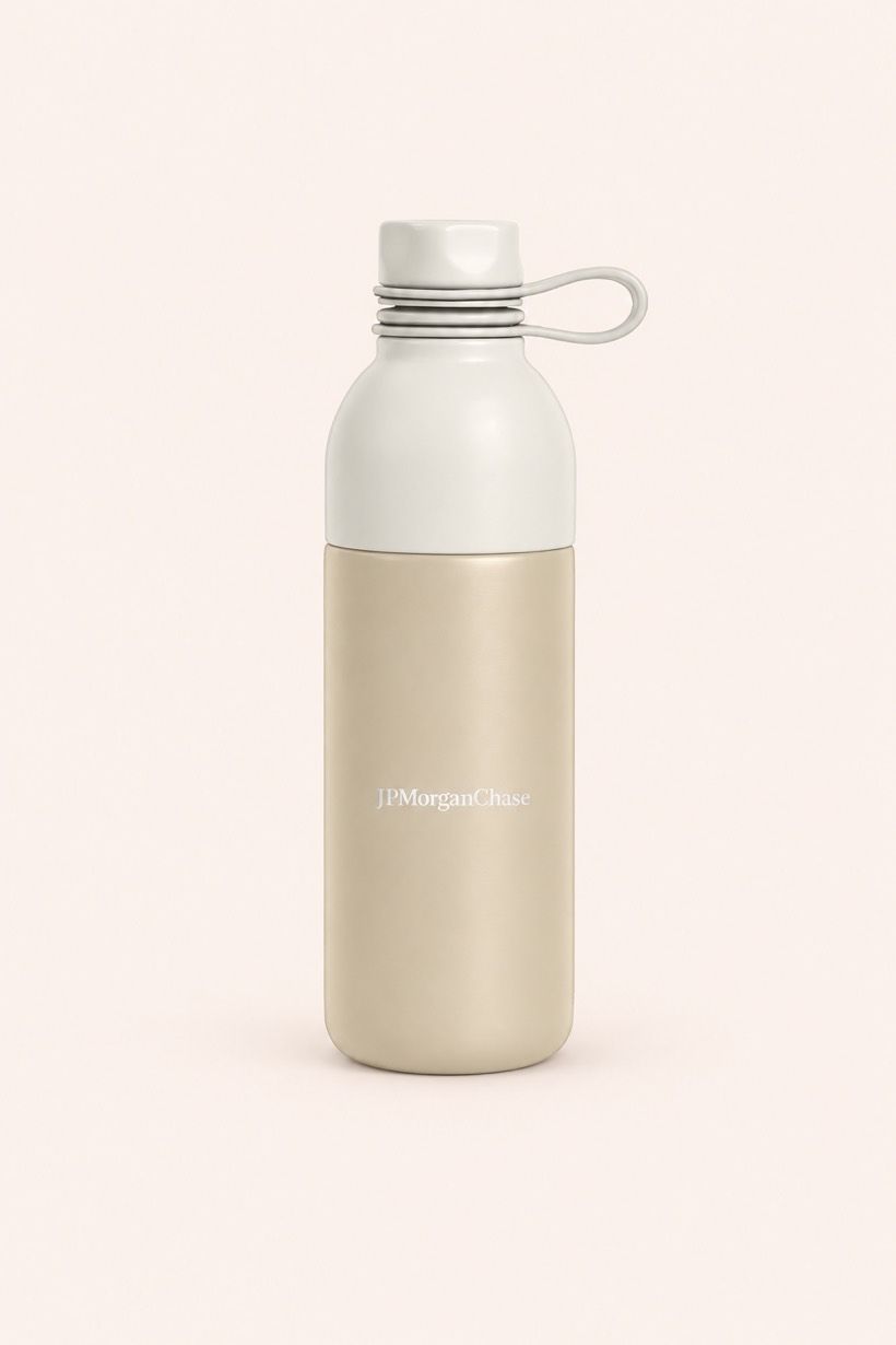 A champagne-coloured insulated bottle with a white lid and a light wordmark wrapped around the body.