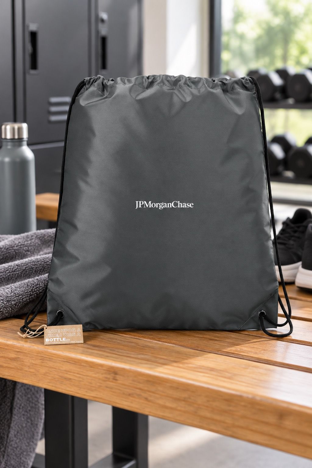 The same bag in the same photograph, now carrying a printed wordmark across the front panel.