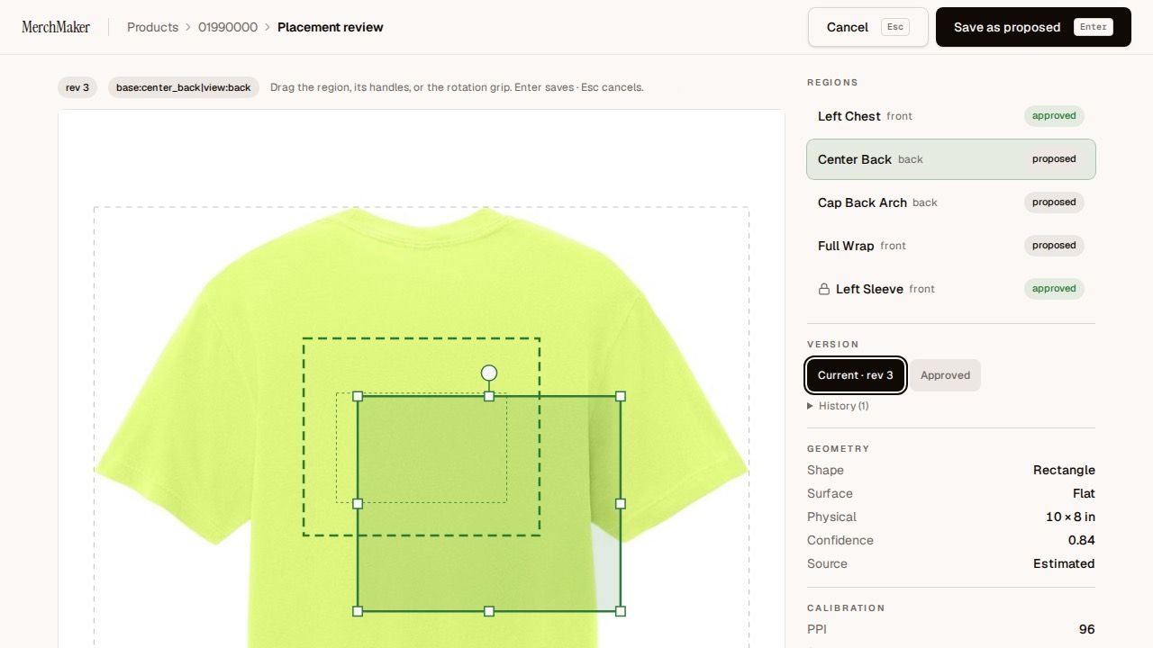 Placement review in MerchMaker: a decoration region selected on the back of a lime t-shirt with resize handles and a rotation grip, beside a list of regions marked approved or proposed.