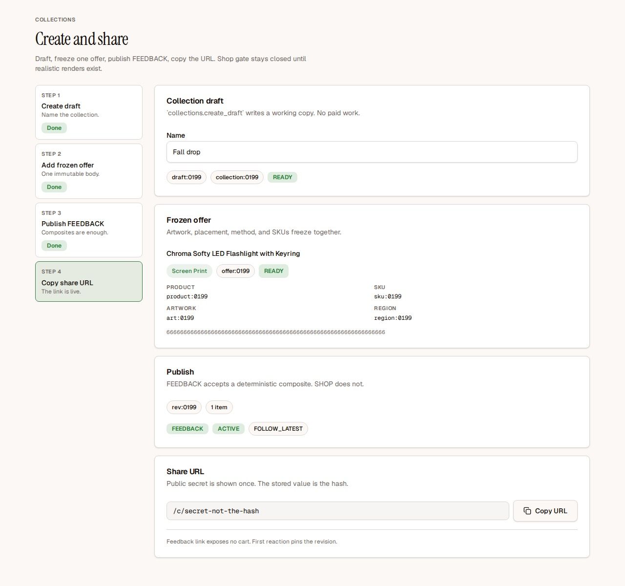 Creating and sharing a collection in MerchMaker: a four-step rail, a frozen offer with its product, artwork and region, and a share URL with a copy button.