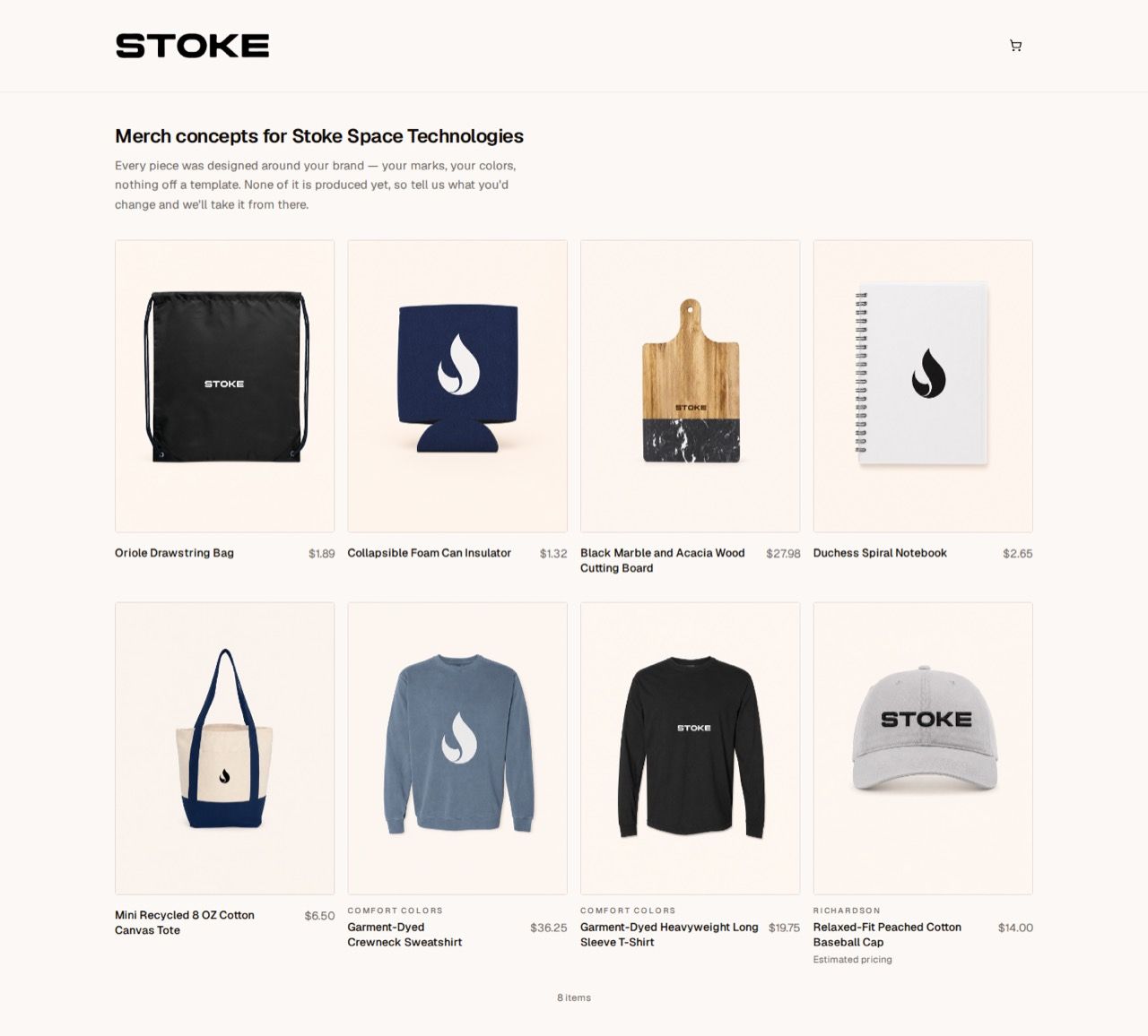 A published collection page showing eight decorated products with names and prices under a client's own wordmark.